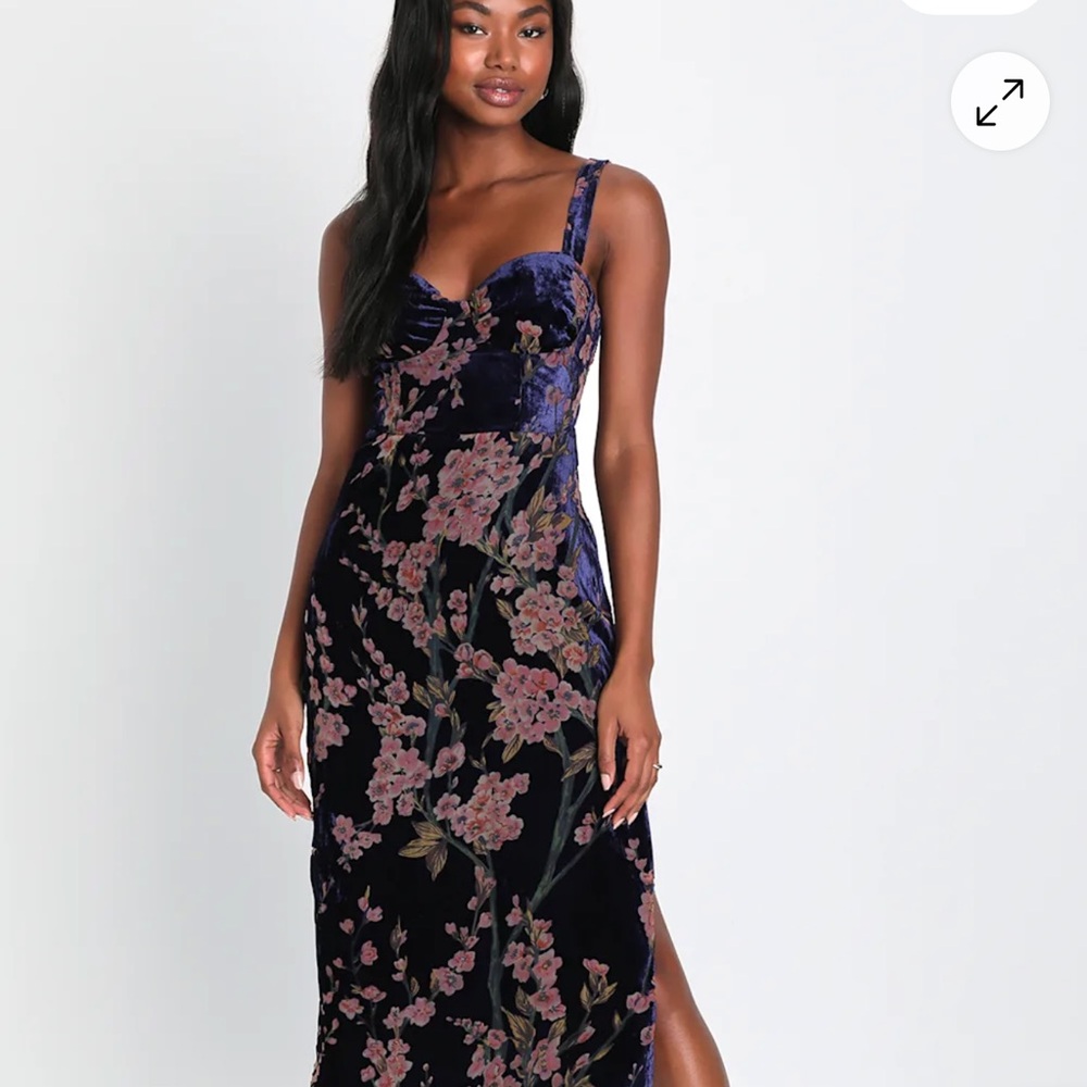 Romantic Stunner Navy Blue Floral Burnout Velvet Lace-Up Dress Size Small